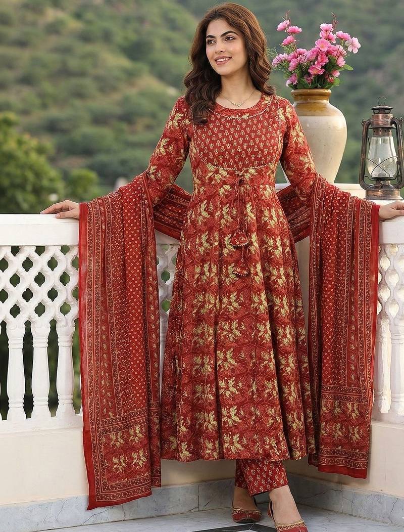 Women Floral Printed Empire Pure Cotton Kurta with Trousers & With Dupatta