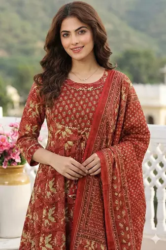 Women Floral Printed Empire Pure Cotton Kurta with Trousers & With Dupatta