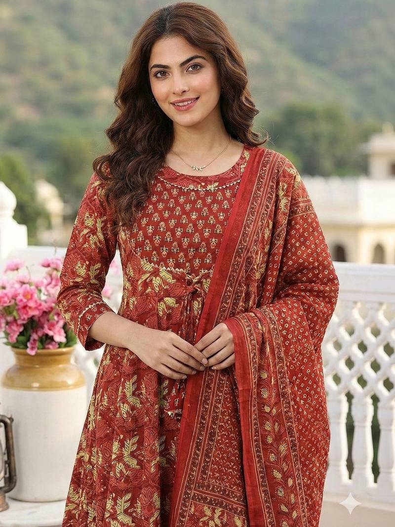 Women Floral Printed Empire Pure Cotton Kurta with Trousers & With Dupatta