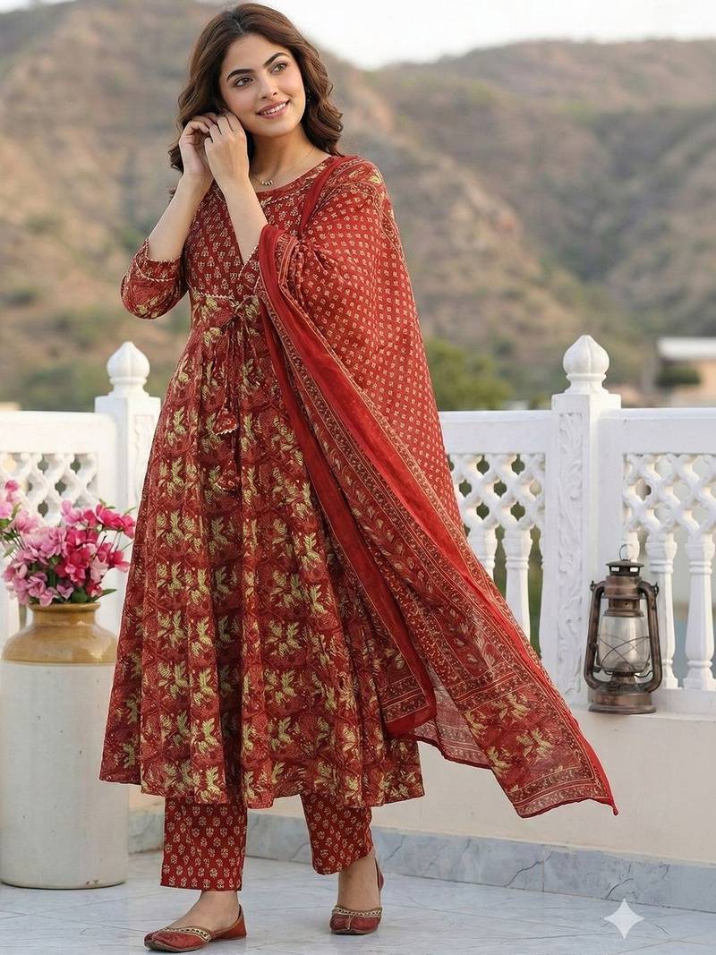 Women Floral Printed Empire Pure Cotton Kurta with Trousers & With Dupatta