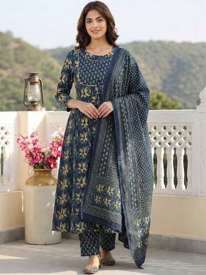 Women Ethnic Motifs Printed Tiered Thread Work Pure Cotton Kurta with Trousers & With Dupatta 1