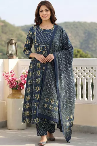 Women Ethnic Motifs Printed Tiered Thread Work Pure Cotton Kurta with Trousers & With Dupatta
