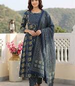 Women Ethnic Motifs Printed Tiered Thread Work Pure Cotton Kurta with Trousers & With Dupatta