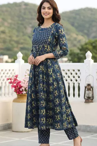 Women Ethnic Motifs Printed Tiered Thread Work Pure Cotton Kurta with Trousers & With Dupatta