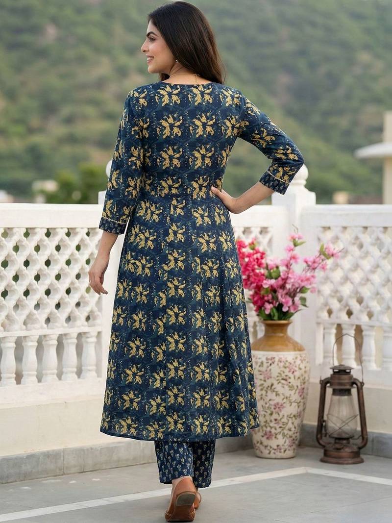 Women Ethnic Motifs Printed Tiered Thread Work Pure Cotton Kurta with Trousers & With Dupatta