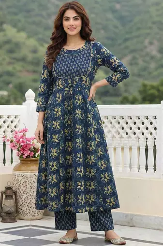Women Ethnic Motifs Printed Tiered Thread Work Pure Cotton Kurta with Trousers & With Dupatta
