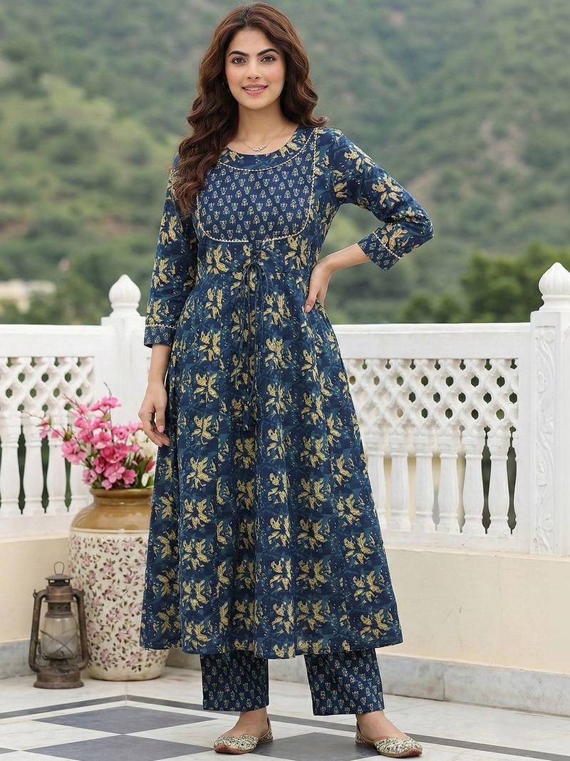 Women Ethnic Motifs Printed Tiered Thread Work Pure Cotton Kurta with Trousers & With Dupatta