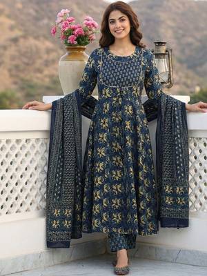Women Ethnic Motifs Printed Tiered Thread Work Pure Cotton Kurta with Trousers & With Dupatta 5