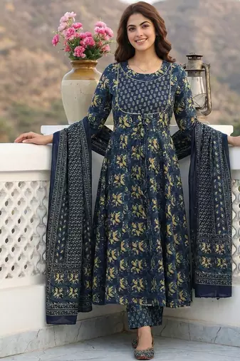 Women Ethnic Motifs Printed Tiered Thread Work Pure Cotton Kurta with Trousers & With Dupatta