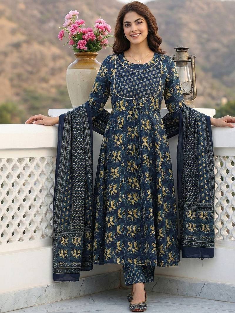 Women Ethnic Motifs Printed Tiered Thread Work Pure Cotton Kurta with Trousers & With Dupatta