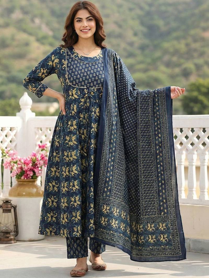 Women Ethnic Motifs Printed Tiered Thread Work Pure Cotton Kurta with Trousers & With Dupatta