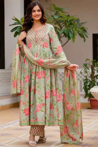 Women Floral Printed Empire Pure Cotton Kurta with Trousers & With Dupatta