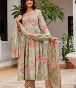 Women Floral Printed Empire Pure Cotton Kurta with Trousers & With Dupatta