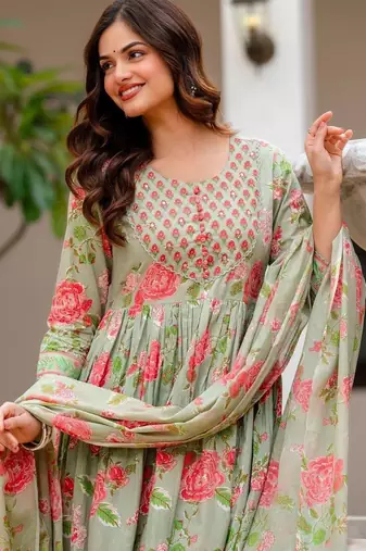 Women Floral Printed Empire Pure Cotton Kurta with Trousers & With Dupatta