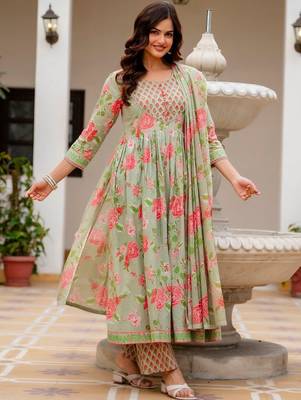 Women Floral Printed Empire Pure Cotton Kurta with Trousers & With Dupatta 4