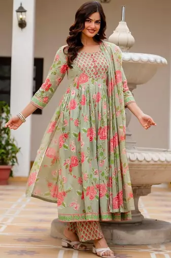 Women Floral Printed Empire Pure Cotton Kurta with Trousers & With Dupatta