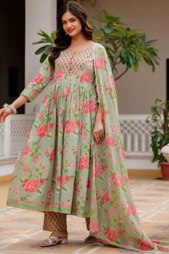 Women Floral Printed Empire Pure Cotton Kurta with Trousers & With Dupatta