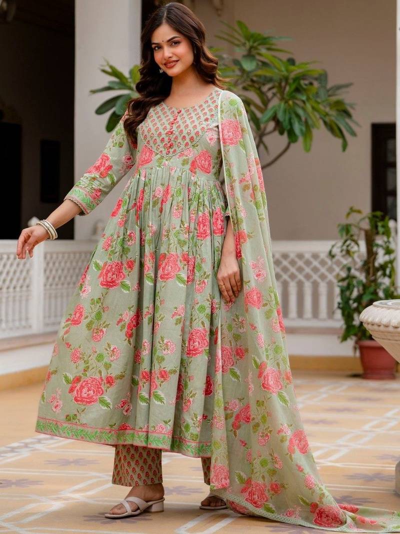 Women Floral Printed Empire Pure Cotton Kurta with Trousers & With Dupatta