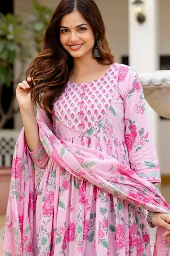 Women Floral Printed Empire Pure Cotton Kurta with Trousers & With Dupatta