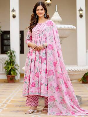 Women Floral Printed Empire Pure Cotton Kurta with Trousers & With Dupatta 1