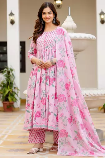 Women Floral Printed Empire Pure Cotton Kurta with Trousers & With Dupatta