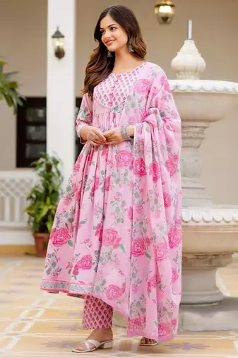 Women Floral Printed Empire Pure Cotton Kurta with Trousers & With Dupatta