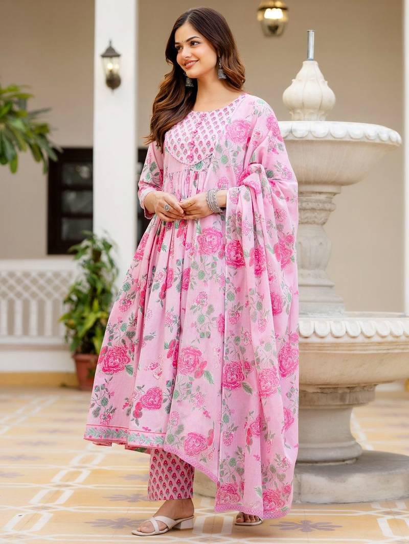 Women Floral Printed Empire Pure Cotton Kurta with Trousers & With Dupatta
