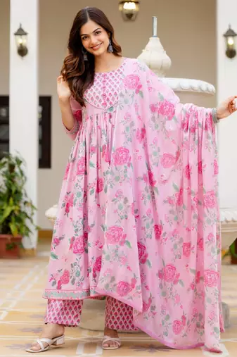Women Floral Printed Empire Pure Cotton Kurta with Trousers & With Dupatta