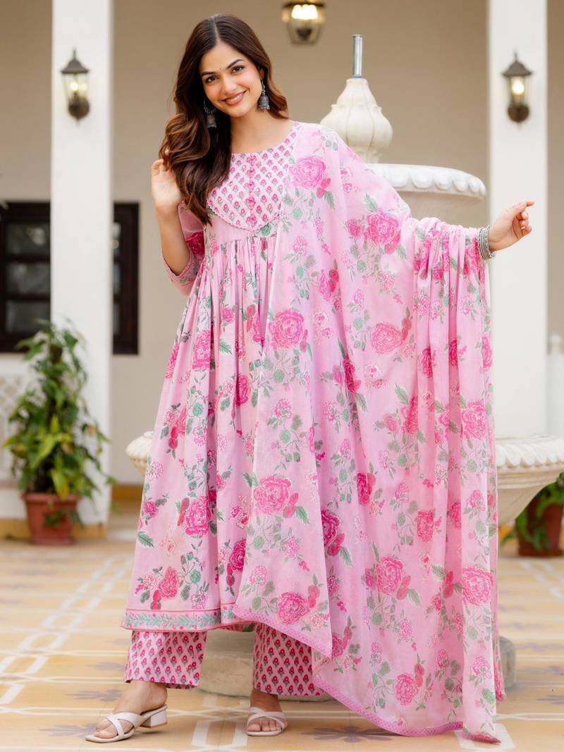 Women Floral Printed Empire Pure Cotton Kurta with Trousers & With Dupatta