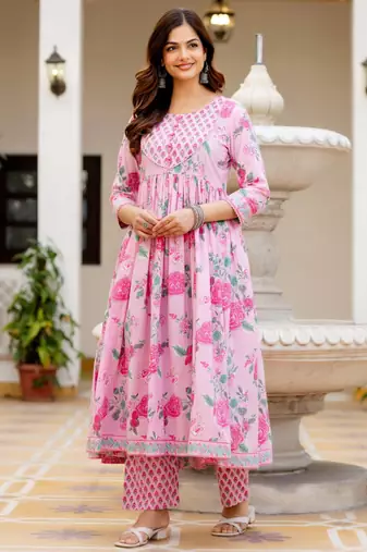 Women Floral Printed Empire Pure Cotton Kurta with Trousers & With Dupatta