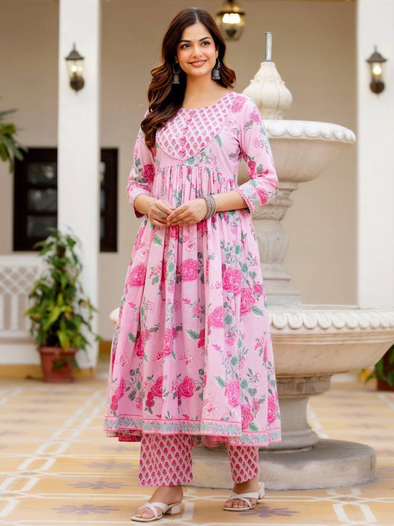 Women Floral Printed Empire Pure Cotton Kurta with Trousers & With Dupatta