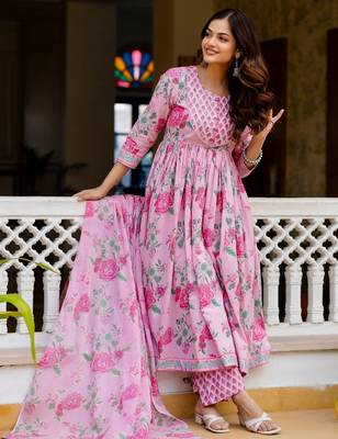 Women Floral Printed Empire Pure Cotton Kurta with Trousers & With Dupatta 7