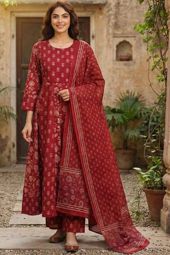 Women Ethnic Motifs Printed Empire Mirror Work Pure Cotton Kurta with Palazzos & With Dupatta