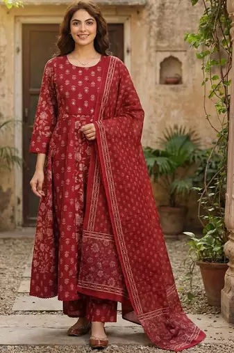 Women Ethnic Motifs Printed Empire Mirror Work Pure Cotton Kurta with Palazzos & With Dupatta