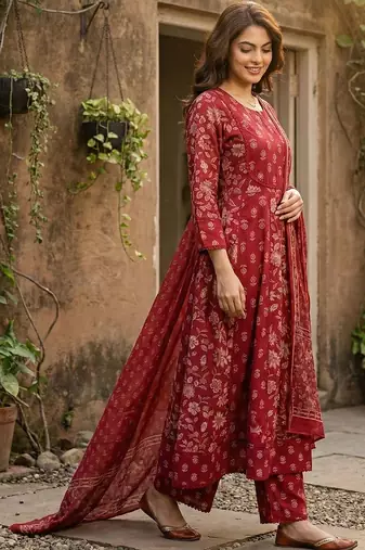 Women Ethnic Motifs Printed Empire Mirror Work Pure Cotton Kurta with Palazzos & With Dupatta