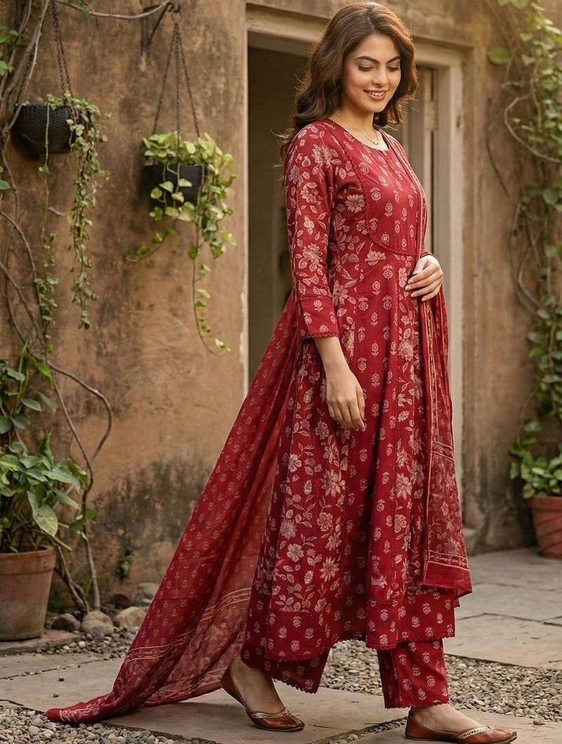 Women Ethnic Motifs Printed Empire Mirror Work Pure Cotton Kurta with Palazzos & With Dupatta