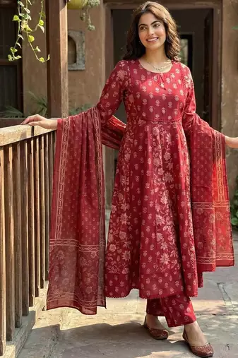 Women Ethnic Motifs Printed Empire Mirror Work Pure Cotton Kurta with Palazzos & With Dupatta