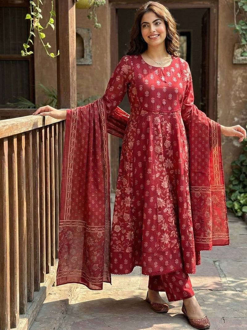 Women Ethnic Motifs Printed Empire Mirror Work Pure Cotton Kurta with Palazzos & With Dupatta