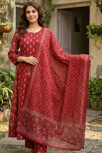 Women Ethnic Motifs Printed Empire Mirror Work Pure Cotton Kurta with Palazzos & With Dupatta