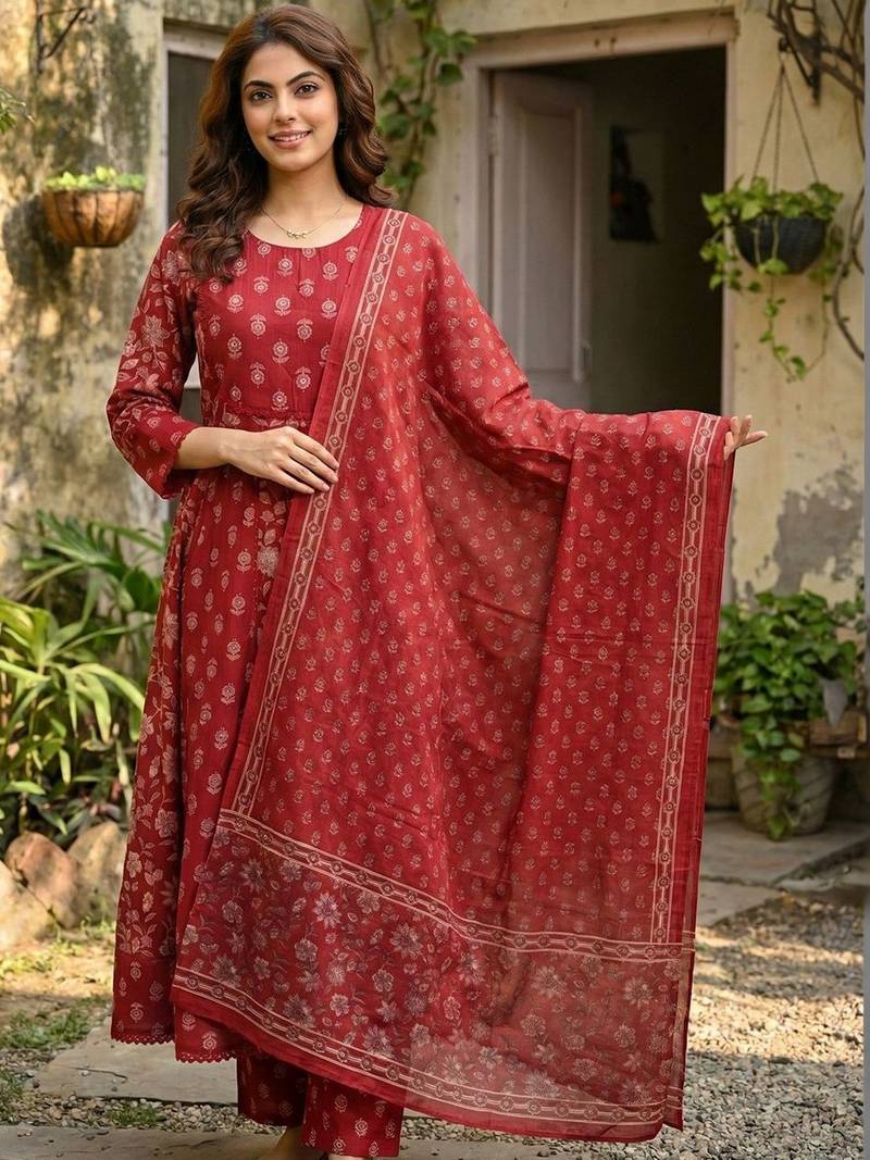 Women Ethnic Motifs Printed Empire Mirror Work Pure Cotton Kurta with Palazzos & With Dupatta