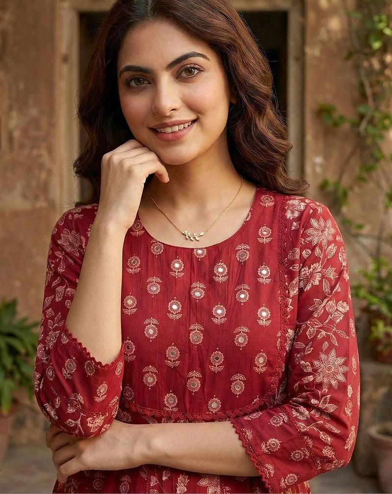 Women Ethnic Motifs Printed Empire Mirror Work Pure Cotton Kurta with Palazzos & With Dupatta