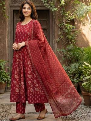 Women Ethnic Motifs Printed Empire Mirror Work Pure Cotton Kurta with Palazzos & With Dupatta 7