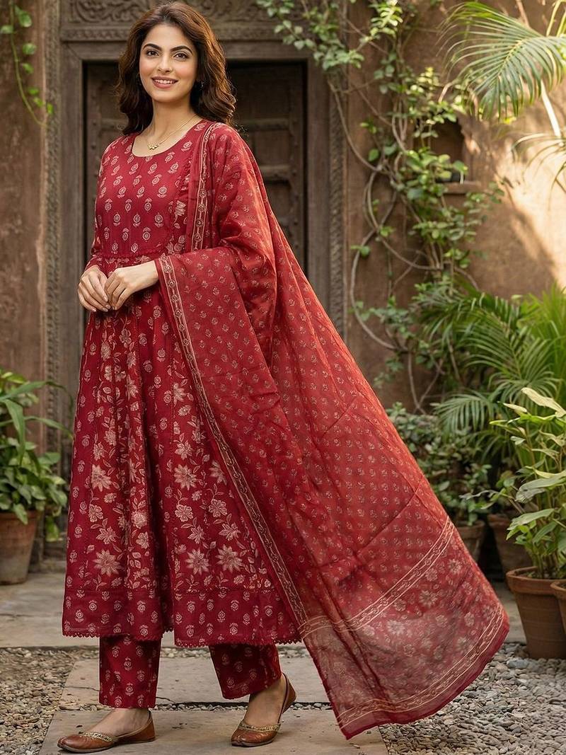 Women Ethnic Motifs Printed Empire Mirror Work Pure Cotton Kurta with Palazzos & With Dupatta