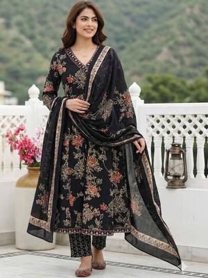 Women Floral Printed Angrakha Pure Cotton Kurta with Trousers & With Dupatta 1