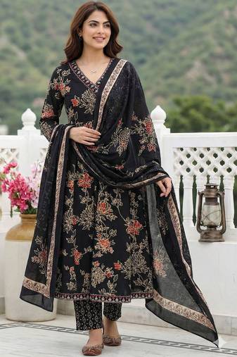 Women Floral Printed Angrakha Pure Cotton Kurta with Trousers & With Dupatta