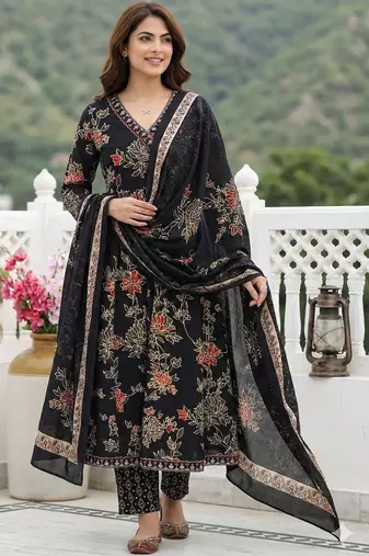 Women Floral Printed Angrakha Pure Cotton Kurta with Trousers & With Dupatta