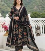 Women Floral Printed Angrakha Pure Cotton Kurta with Trousers & With Dupatta