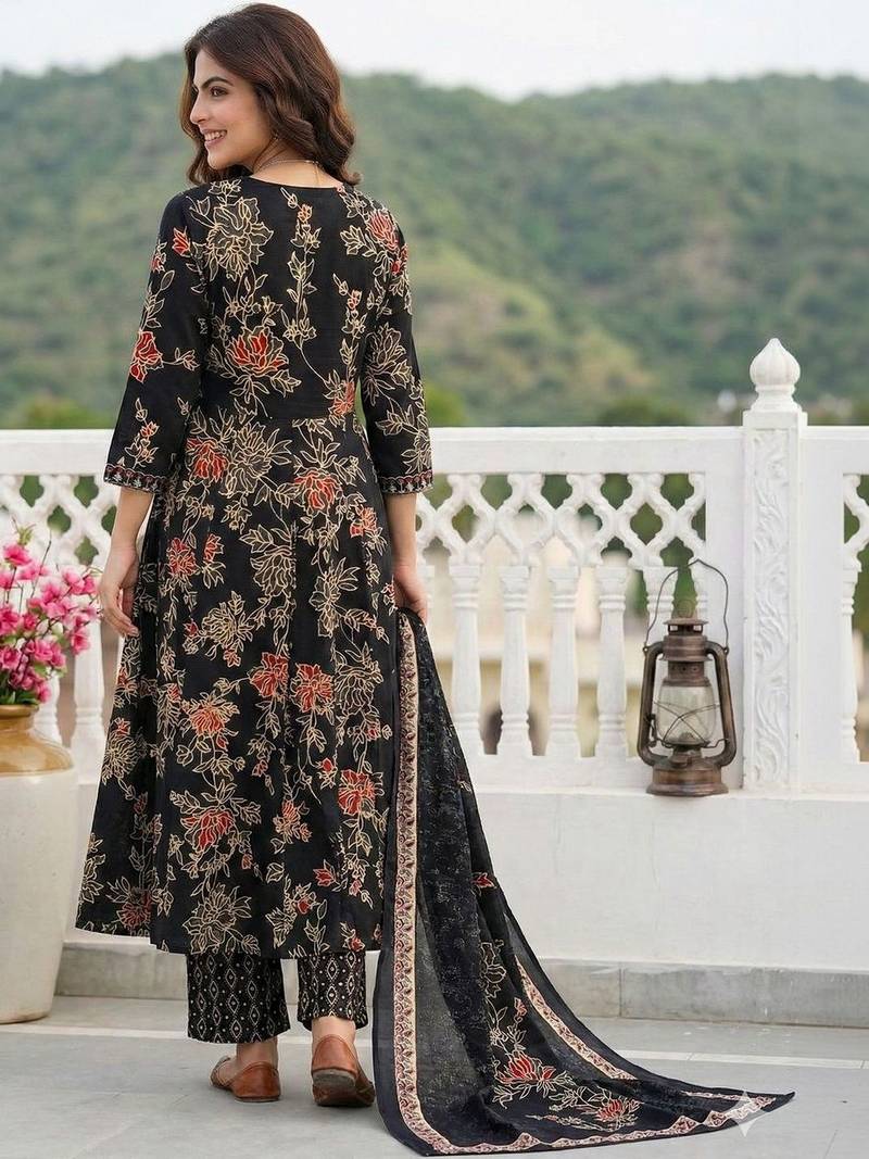 Women Floral Printed Angrakha Pure Cotton Kurta with Trousers & With Dupatta