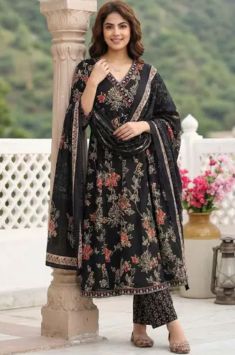 Women Floral Printed Angrakha Pure Cotton Kurta with Trousers & With Dupatta