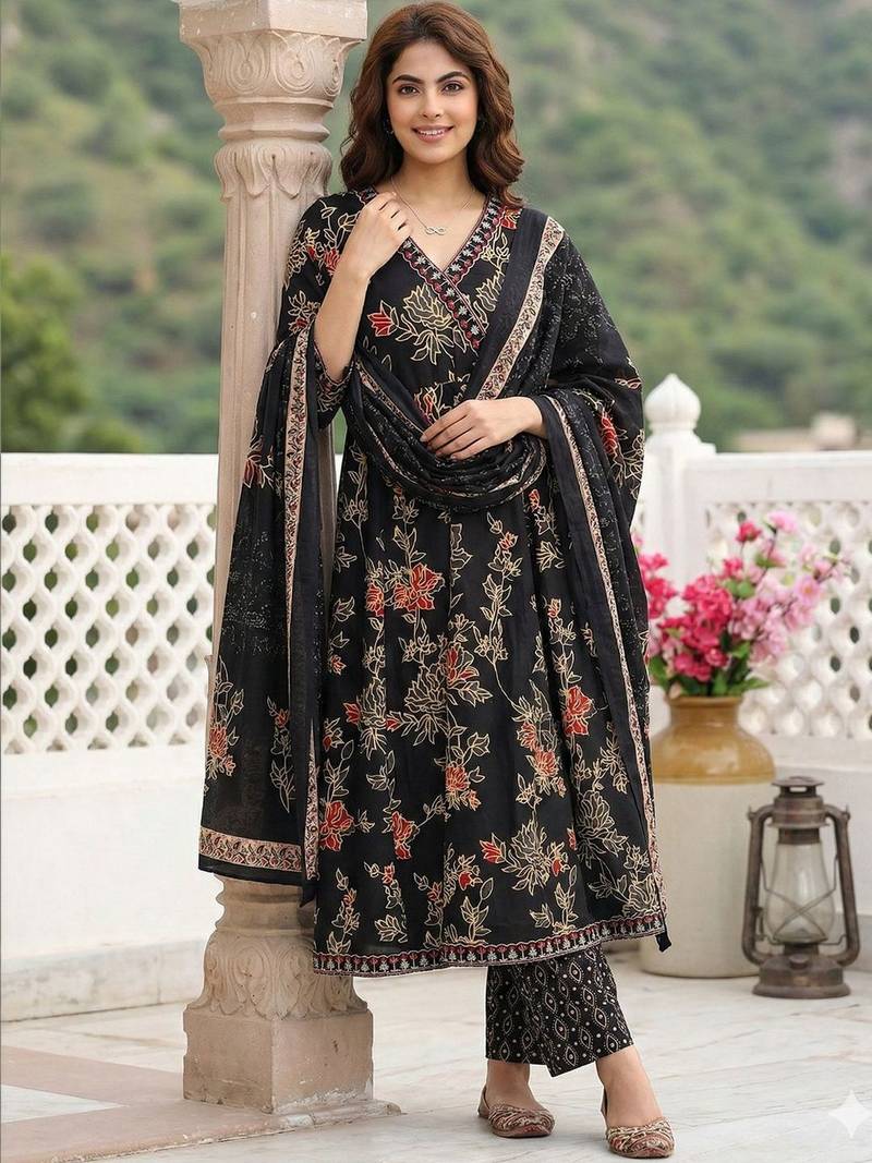 Women Floral Printed Angrakha Pure Cotton Kurta with Trousers & With Dupatta